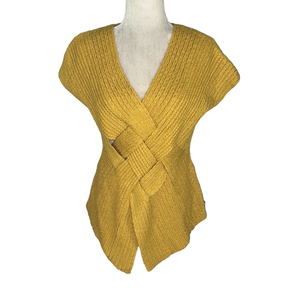 Anthropologie Escio Mustard Yellow Woven Knit Cap Sleeve V-Neck Sweater - S - Picture 12 of 12